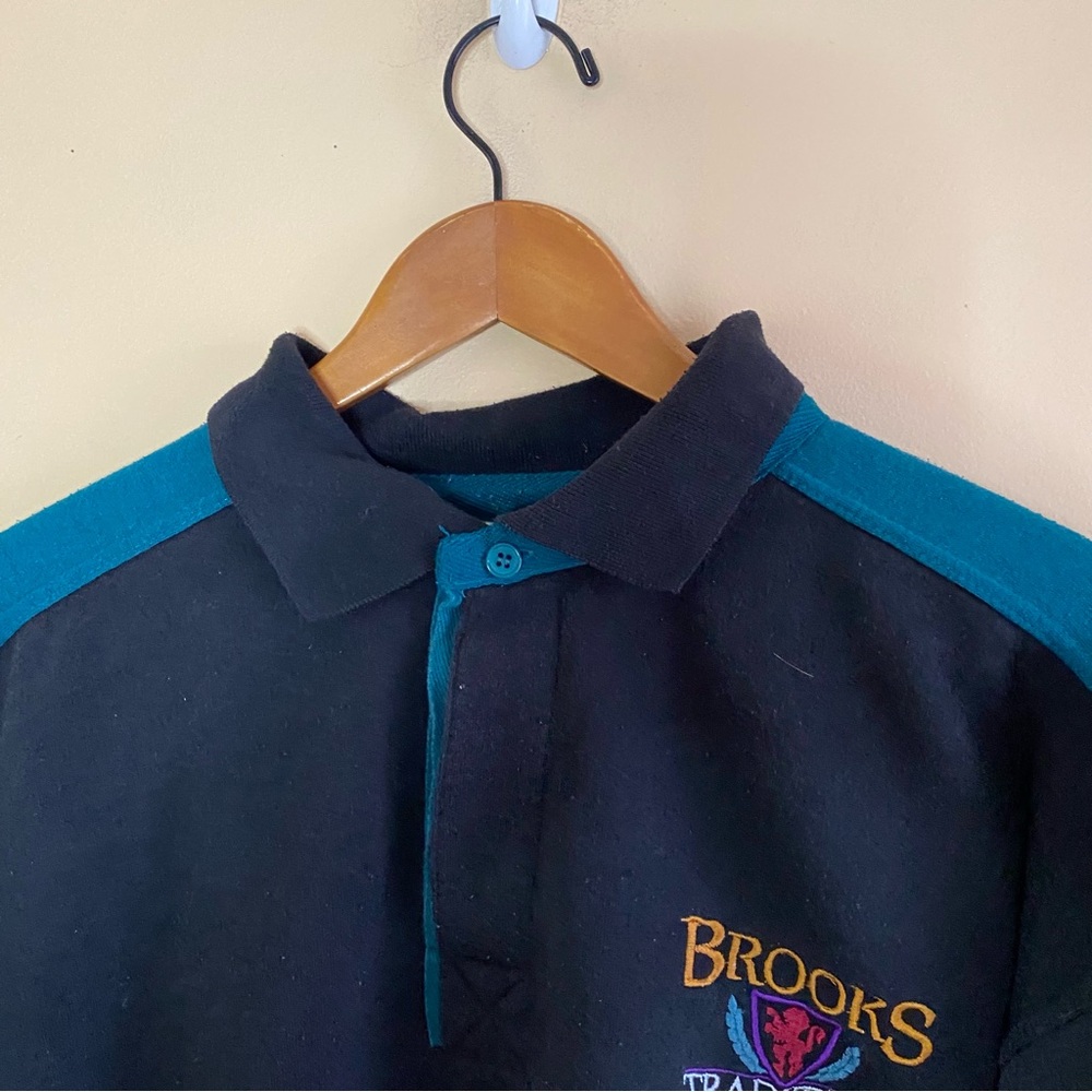 Vintage Brooks Tradition Rugby Collar Sweatshirt Navy Teal Embroidered Logo Med - Picture 5 of 15
